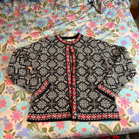 L.L. Bean Sweaters - LL Bean Lambswool Black and White Fair Isle Nordic Cardigan with Red Accents